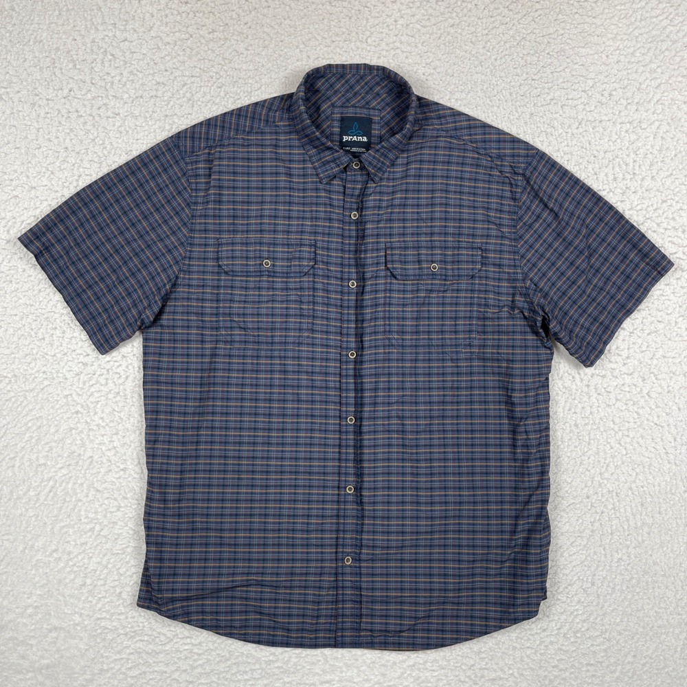 Prana Button Down Shirt Mens XL Blue Plaid Short Sleeve Nylon Outdoor Granola‎